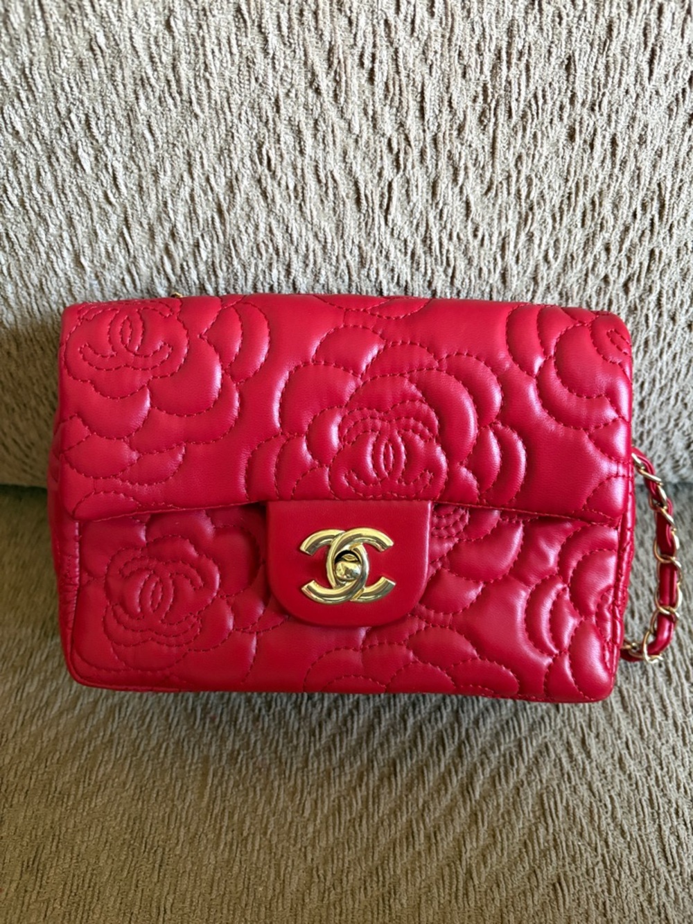 Red Quilted Camellia Crossbody Bag with Gold Hardware